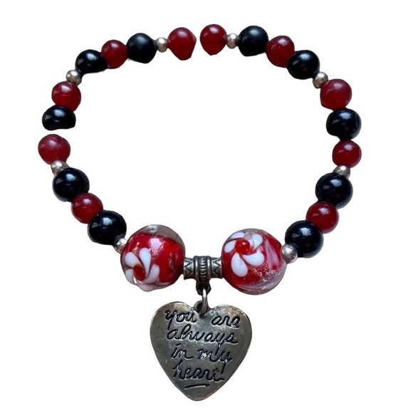 unbranded Jewelry - “You Are Always in My Heart” Charm Lamp Work Red & Black Glass Bead Bracelet